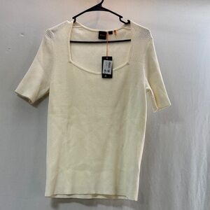 Boss HUGO Holy Ailee knit Cream Short Sleeve Ribbed square neck sweater XXL